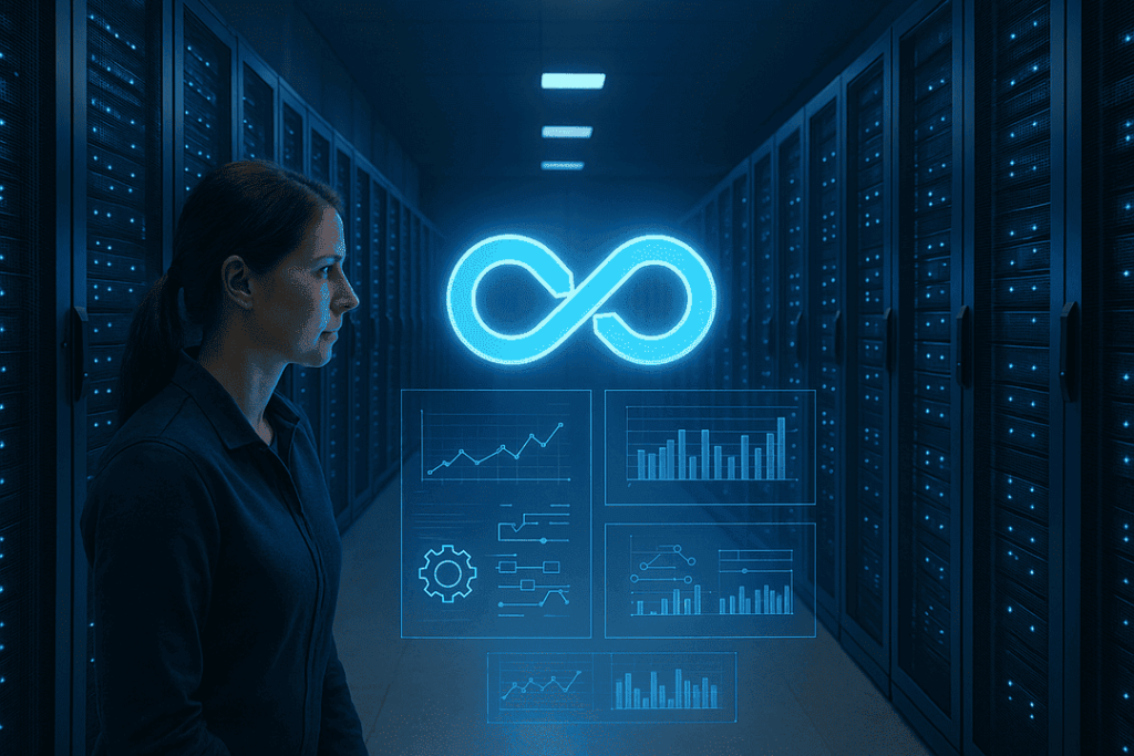 Femme dans une allée de data center regardant le signe dev ops projeté en hologramme bleu